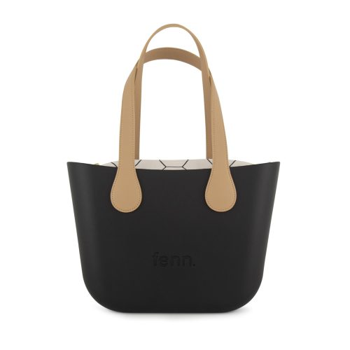 Petite -Black-Pattern Inner-Gold Zip-Light Tan Flat Handles