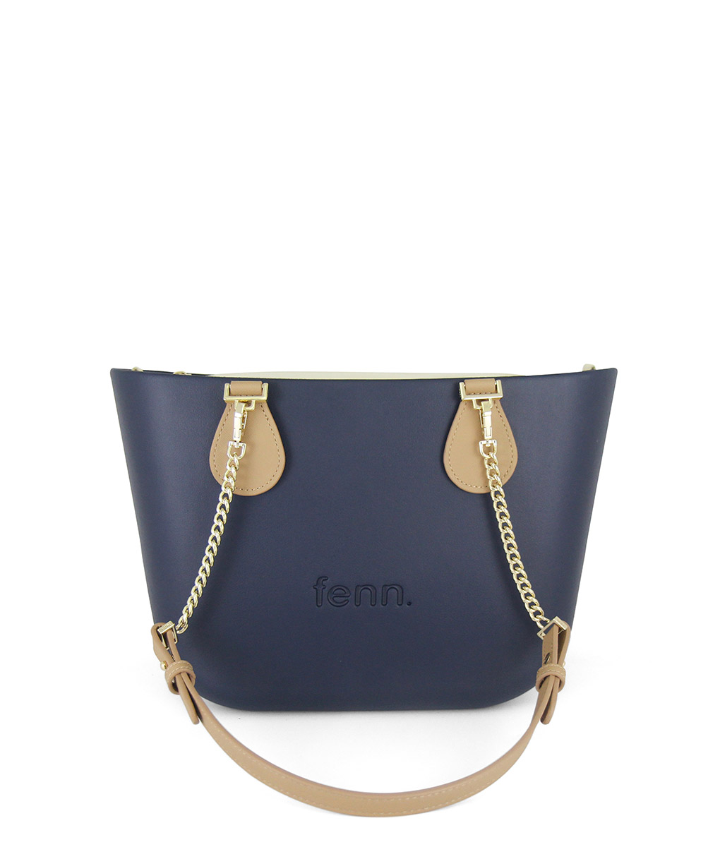Petite - Navy - Beige Inner - Gold Zip - Light Tan / Gold Chain Handle