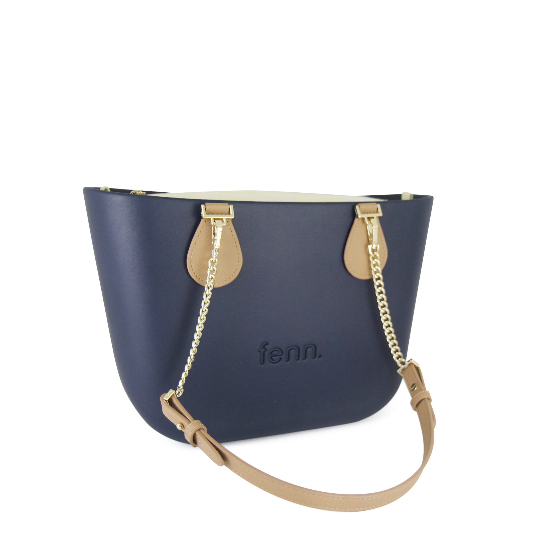Petite - Navy - Beige Inner - Gold Zip - Light Tan / Gold Chain Handle - Image 2