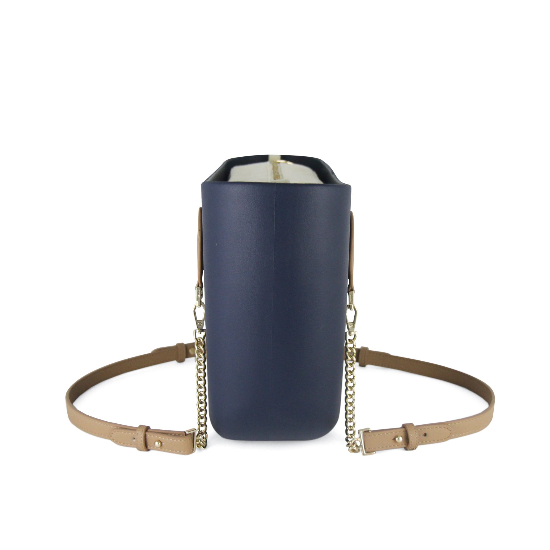 Petite - Navy - Beige Inner - Gold Zip - Light Tan / Gold Chain Handle - Image 4