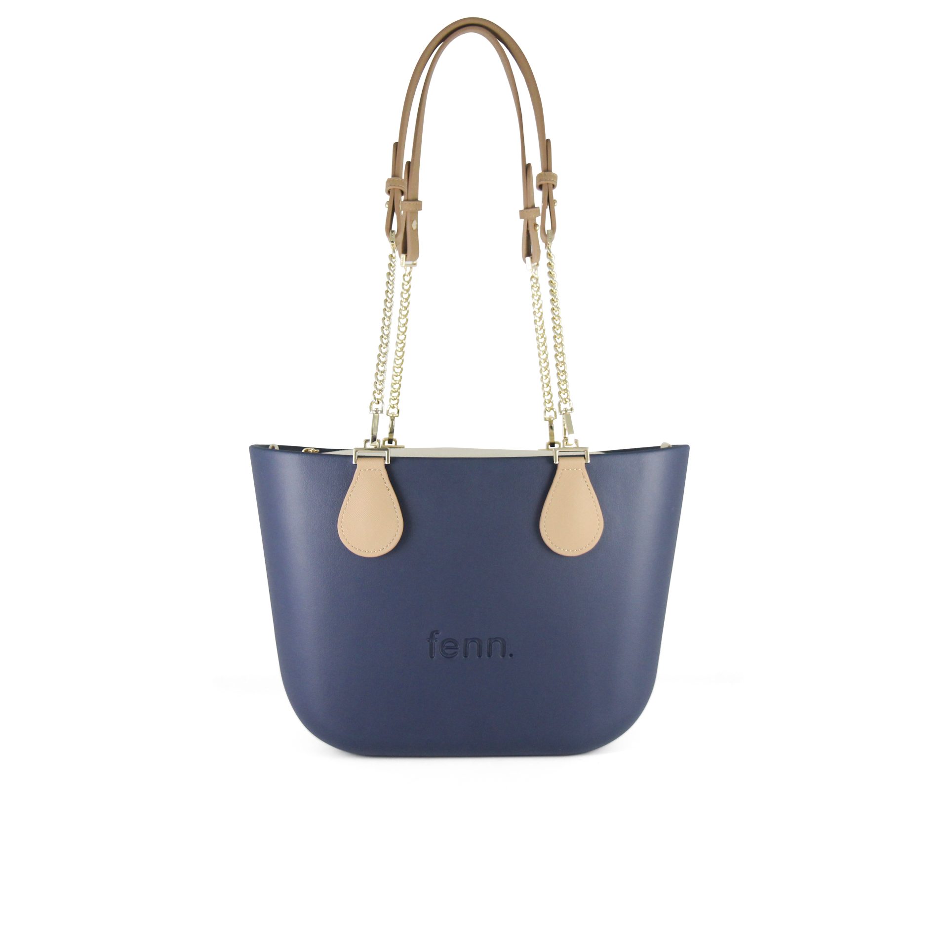 Petite - Navy - Beige Inner - Gold Zip - Light Tan / Gold Chain Handle - Image 5